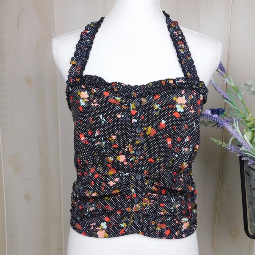 Free people black floral ruched picnic halter top